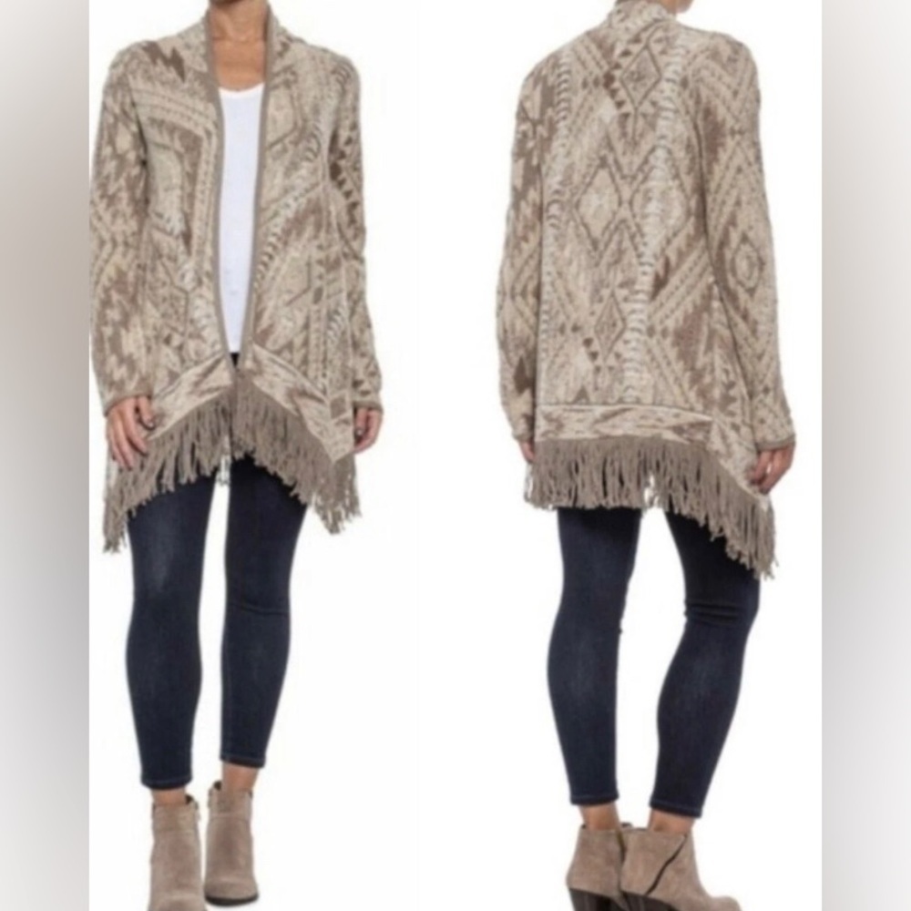 Lucky Brand Boho Fringed Brushed Knit Open Cardigan Sz S Aztec Festival
